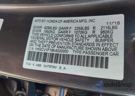 2019 Honda Accord Lx из США, поврежденный, VIN 1HGCV1F16KA020000